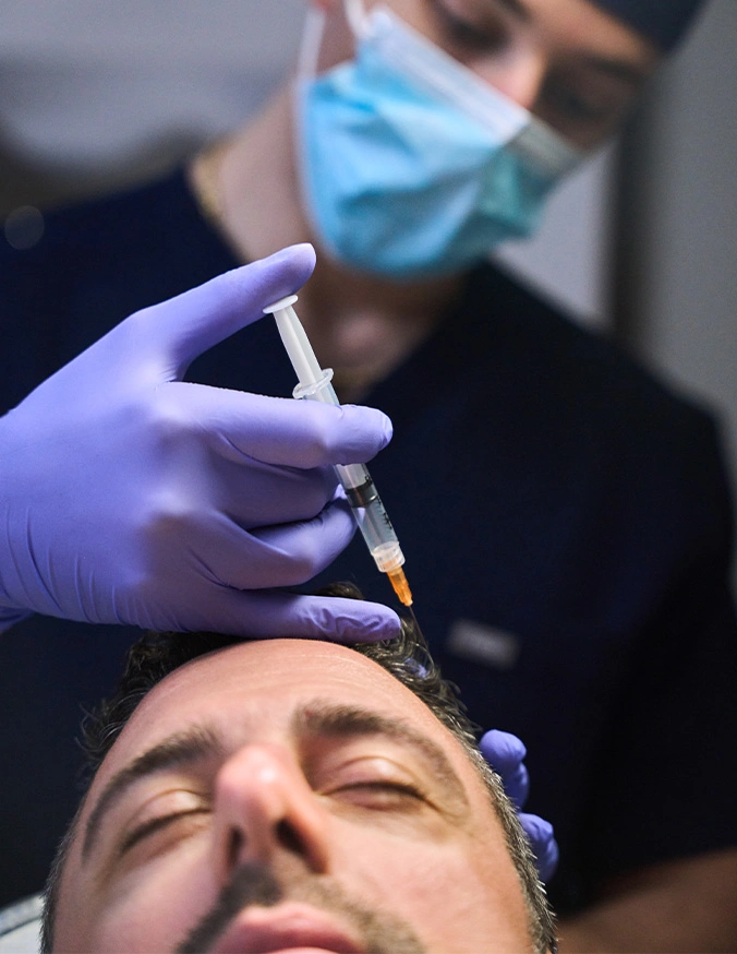 Medical professional administering cosmetic injection to male patient's face while wearing mask and gloves - PRP in Wayne, PA