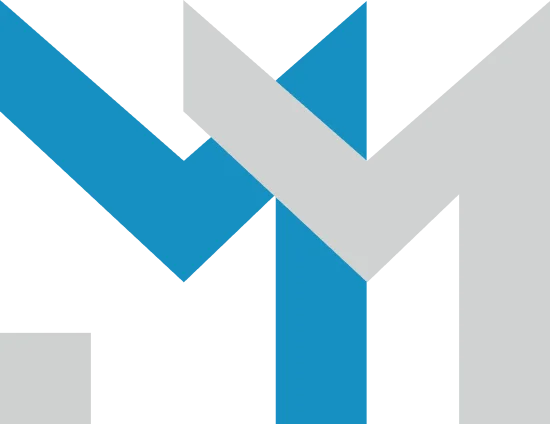 Modern geometric logo design with interlocking blue and gray angular shapes forming an abstract M letter