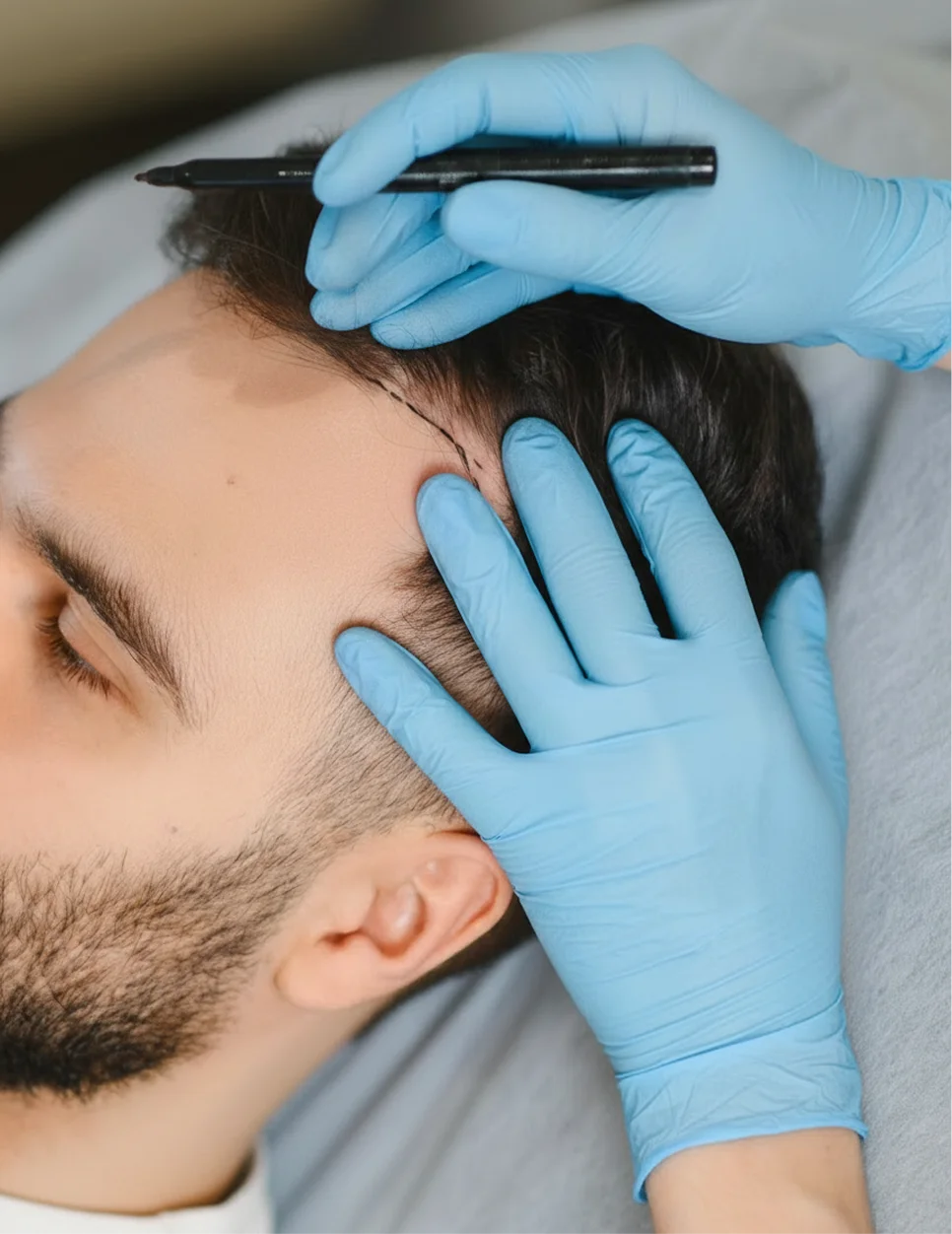 Medical professional performing scalp examination on male patient wearing blue nitrile gloves in clinical setting - in Wayne, PA